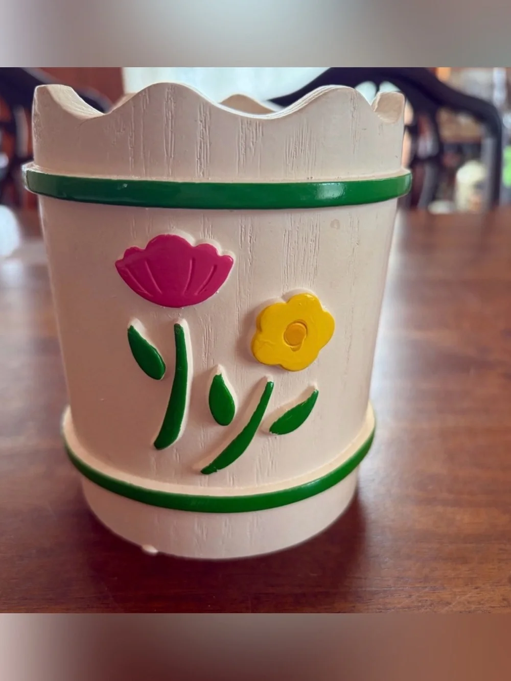 White Floral Decorative Planter with Pink and Yellow Flowers